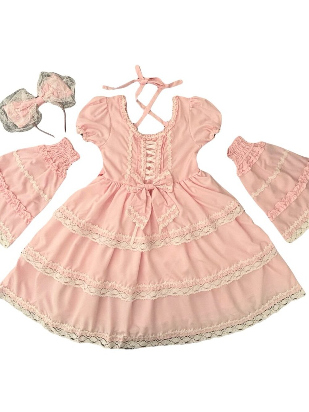 Pink tiered lolita dress set with flared sleeves and head hoop